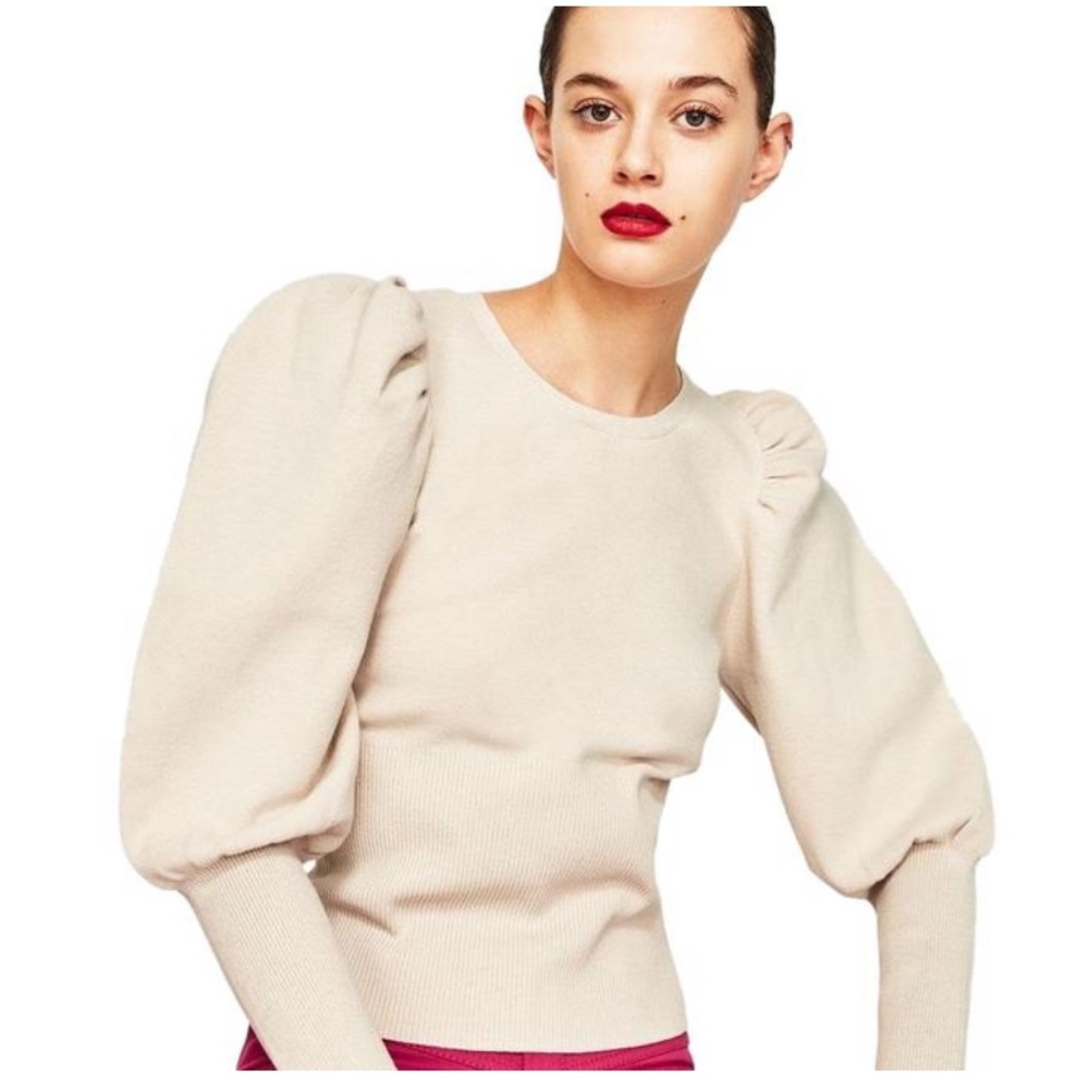 ZARA Nude Puff Sleeve Ribbed fitted Knit Sweater